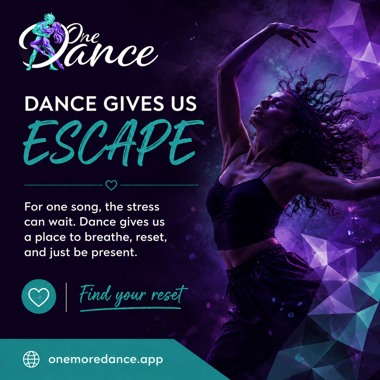 One More Dance advertising graphic about finding your reset through dance