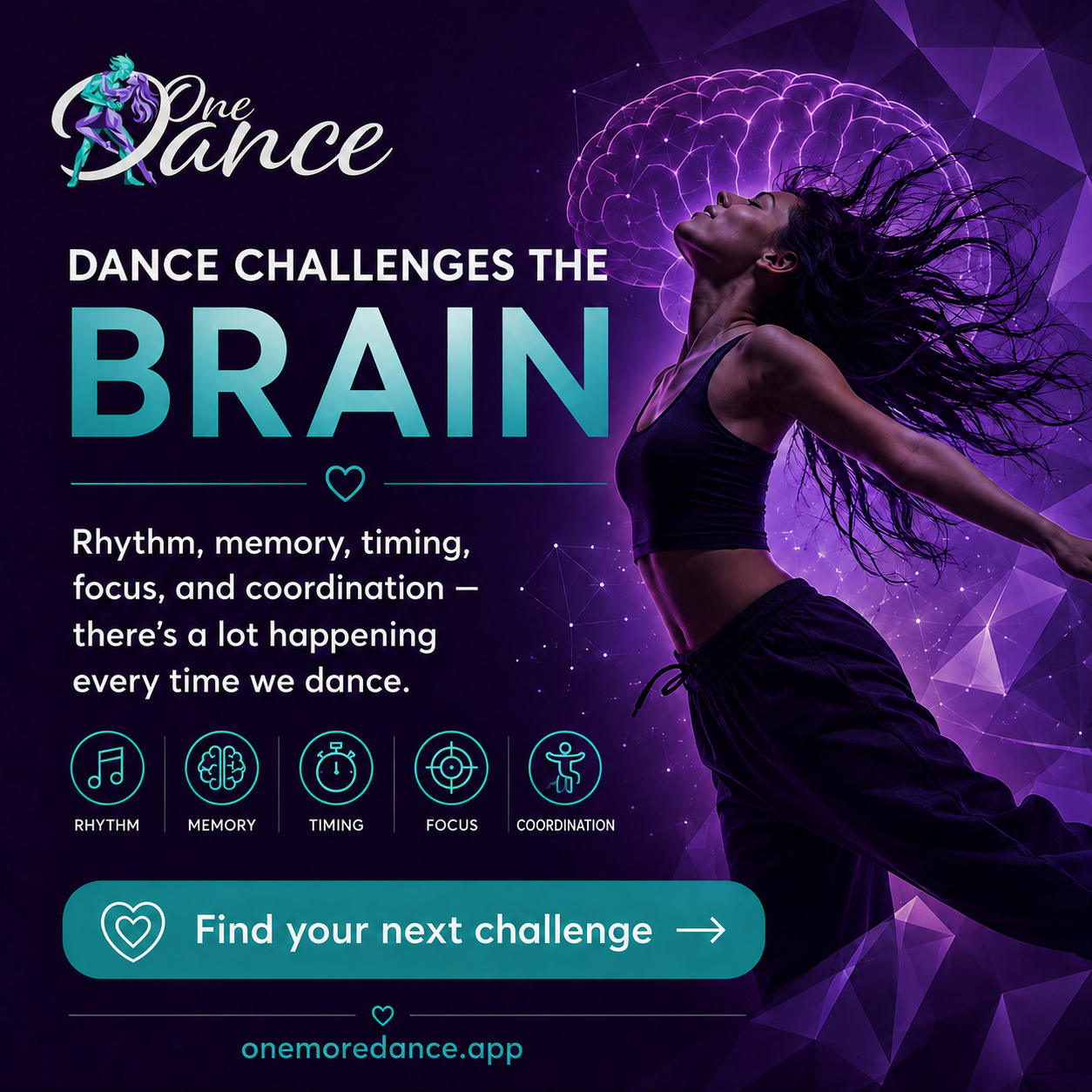 One More Dance advertising graphic about how dance challenges the brain